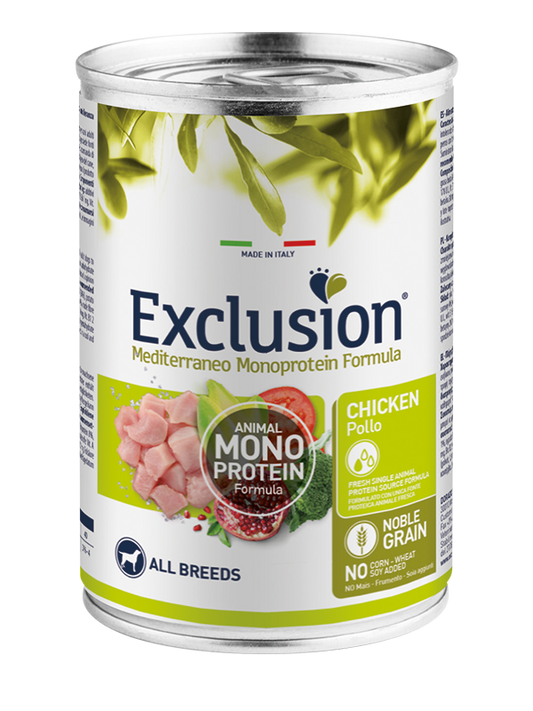 Exclusion Mediterraneo Monoprotein Noble Grain Umido Al Pollo Per Cani Lattina 400gr