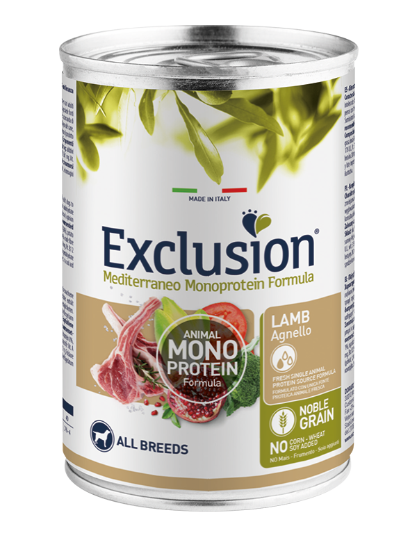 Exclusion Mediterraneo Monoprotein Noble Grain Umido Al Agnello Per Cani Lattina 400gr