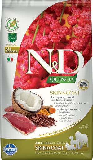 Farmina Natural & Delicious All Breed Quinoa Skin & Coat Anatra Grain Free Cibo Secco Per Cani 2,5kg