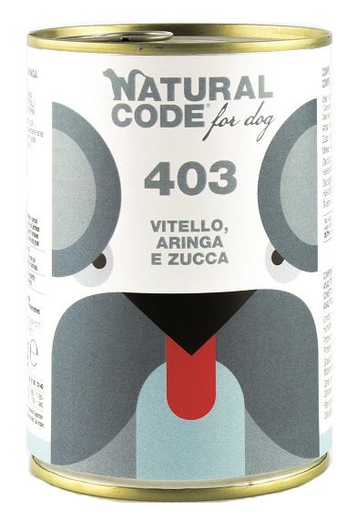Natural Code 403 Cibo Umido Con Vitello/Aringa/Zucca Per Cani Adulti Barattolo 400g