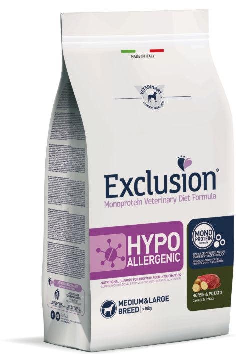 Exclusion Monoprotein Veterinary Diet Formula Hypoallergenic Crocchette Cavallo/Patate Per Cani Taglia Media/Grande Sacco 2kg