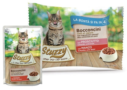 Stuzzy Bocconcini Con Prosciutto/Manzo Cibo Umido Gatti Adulti Multipack 4x85g