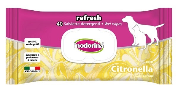 Inodorina Refresh Salviette Detergenti Alla Citronella Per Occhi/Orecchie Cani/Gatti 40 Salviette