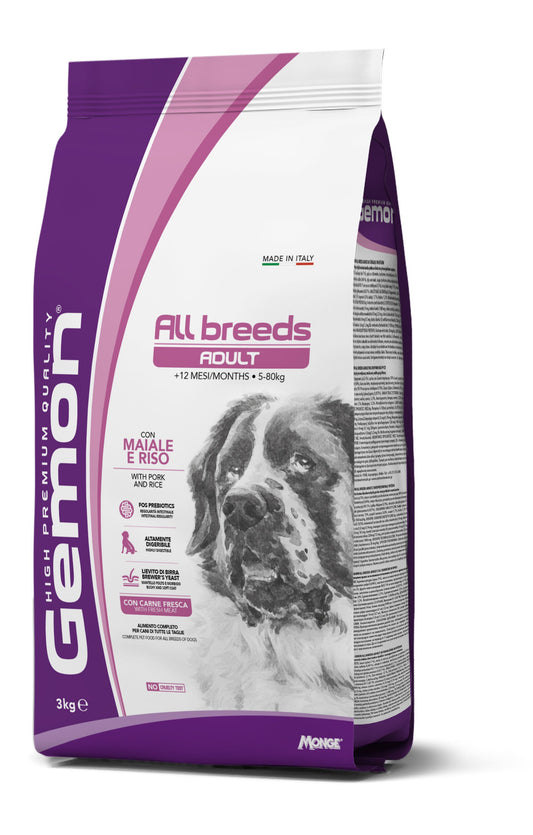Gemon All Breeds Adult Maiale e Riso Cibo Secco Per Cani Adulti Sacco 3 Kg
