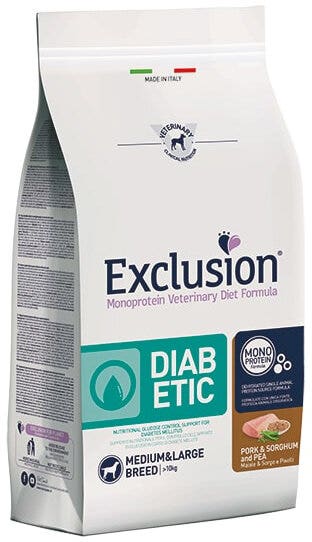 Exclusion Monoprotein Veterinary Diet Formula Diabetic Pork & Sorghum And Pea Medium Crocchette Per Cani 12kg