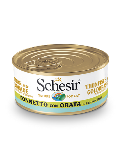 Schesir Tonnetto Con Orata In Brodo Di Pesce Lattina Cibo Umido Gatto Adulto 70g