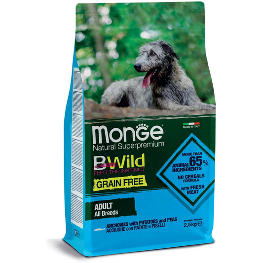 Monge B Wild Grain Free Acciughe Patate Piselli Cibo Secco Per Cani Adulti Sacco 2,5 Kg
