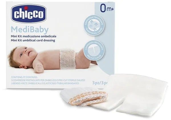 Mini Kit Medicazione Ombelicale Chicco Medibaby 3 Bende a Rete Elastica Calibro 6 + 3 Garze Ombelicali Tnt 10x10 cm