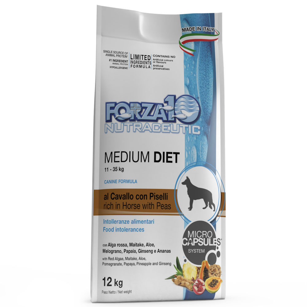 Forza10 Medium Diet Crocchette Al Cavallo Con Piselli Per Cani Adulti Taglia Media Sacco 12kg