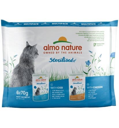 Almo Nature Sterilised  Cibo Umido Con Merluzzo E Pollo Per Gatti Adulti 6x70g