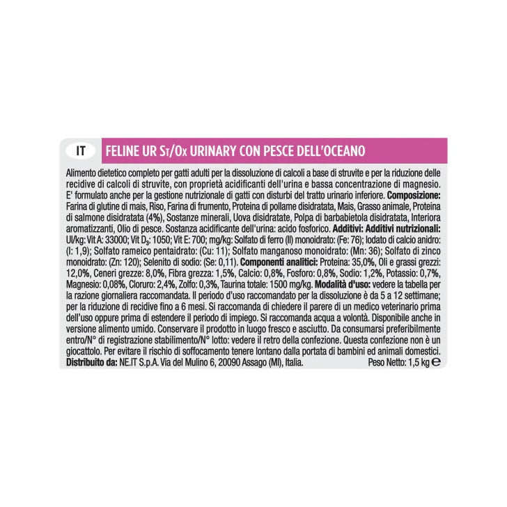 Purina Pro Plan Veterinary Diets Secco Gatto UR Urinary St/Ox Pesce Dell'Oceano Sacco 1,5kg