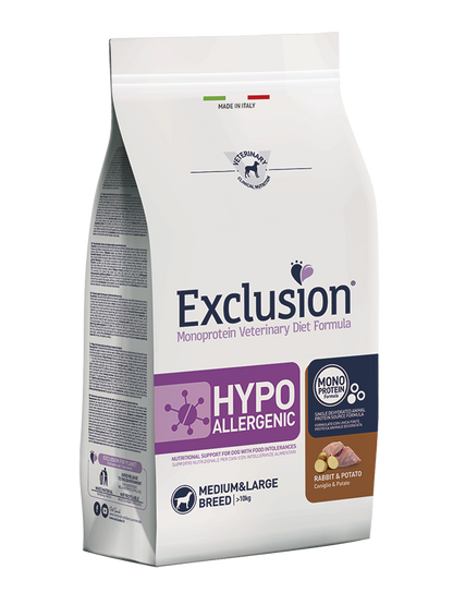 Exclusion Monoprotein Veterinary Diet Formula Hypoallergenic Crocchette Con Coniglio/Patate Per Cani Adulti Taglia Medio/Grande Sacco 2kg