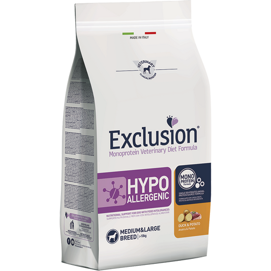 Exclusion Monoprotein Veterinary Diet Formula Hypoallergenic Crocchette Anatra/Patate Per Cani Taglia Media/Grande Sacco 12kg