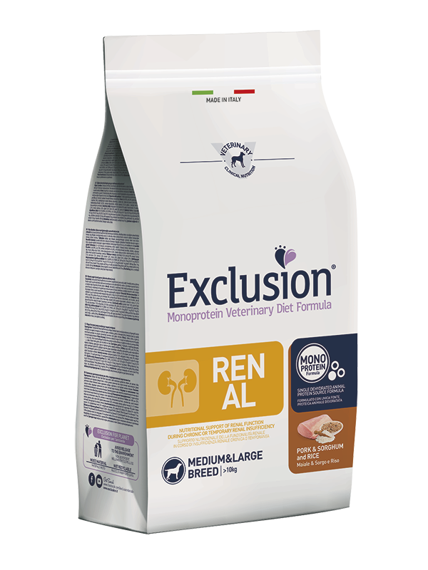 Exclusion Monoprotein Veterinary Diet Formula Renal Crocchette Con Maiale/Sorgo/Riso Per Cani Adulti Taglia Medio/Grande Sacco 2kg