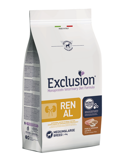Exclusion Monoprotein Veterinary Diet Formula Renal Crocchette Con Maiale/Sorgo/Riso Per Cani Adulti Taglia Medio/Grande Sacco 2kg
