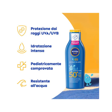 Nivea Sun Latte Solare Kids Protect & Care Fp50+ Crema Solare Per Bambini Waterproof 200ml