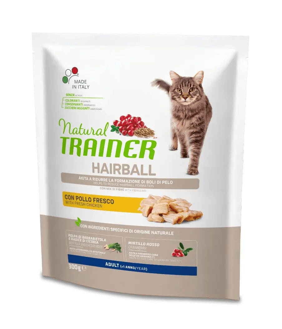 Natural Trainer Hairball Crocchette Con Pollo Per Gatti Adulti Sacco 300g