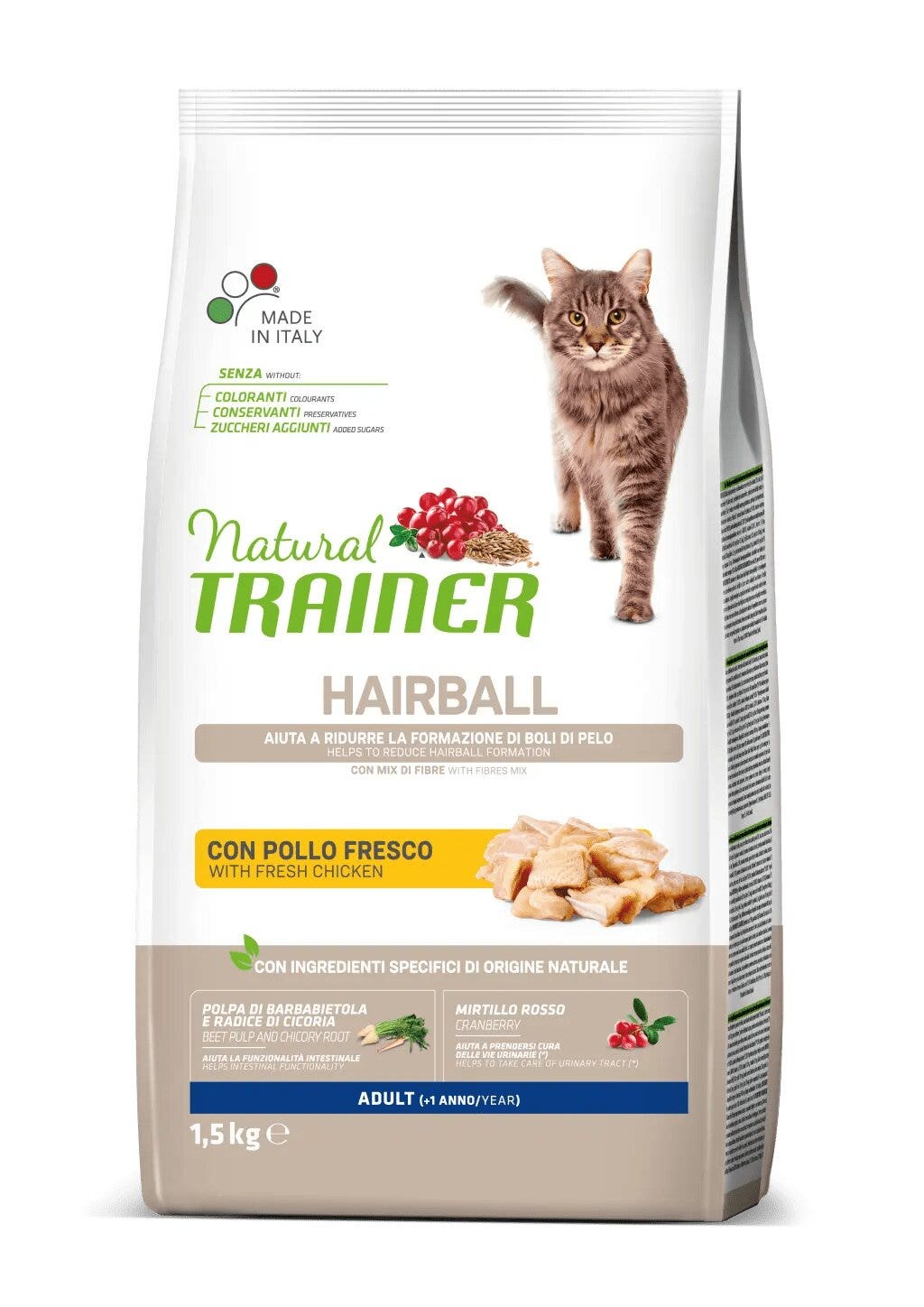 Natural Trainer Hairball Crocchette Con Pollo Per Gatti Adulti Sacco 1,5kg