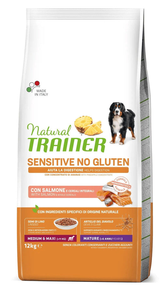 Natural Trainer Sensitive Mature Senza Glutine Crocchette Al Salmone Per Cani Senior Taglia Media/Grande Sacco 12kg