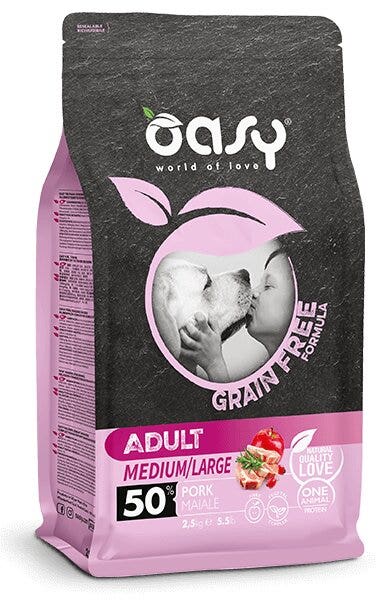 Oasy Grain Free Formula Cibo Secco Maiale Per Cani Adulti Taglia Media/Grande 2,5kg