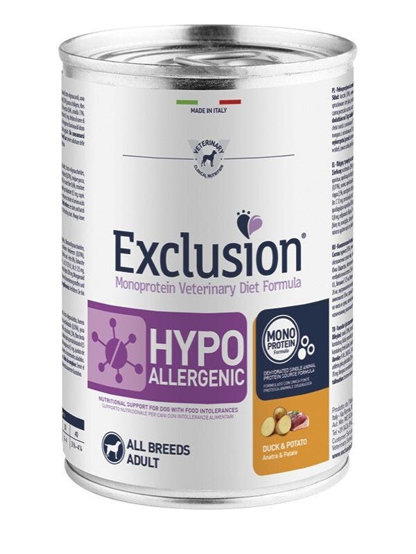 Exclusion Monoprotein Veterinary Diet Formula Hypoallergenic Umido Anatra/Patate Cani Lattina 400g
