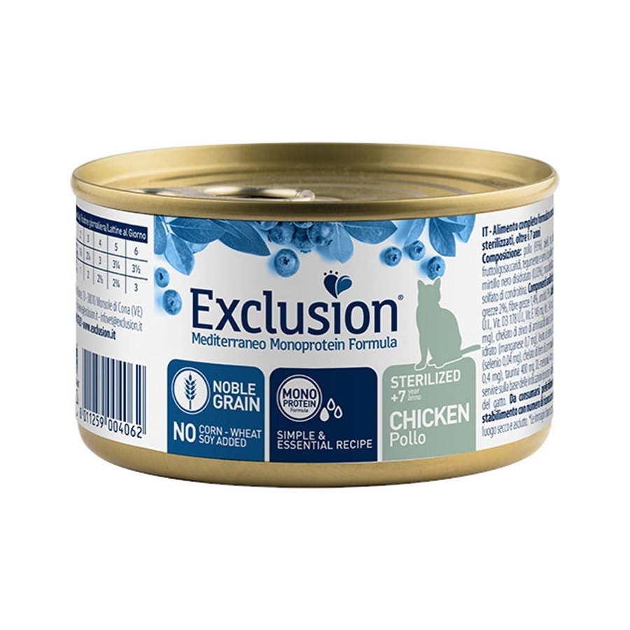 Exclusion Mediterraneo Monoprotein Noble Grain Cibo Umido Con Pollo Per Gatti Sterilizzati +7Anni Lattina 85g