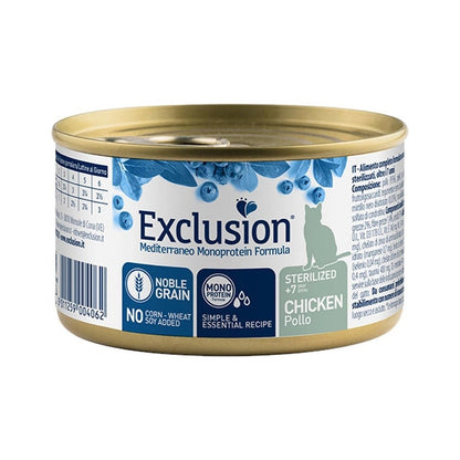 Exclusion Mediterraneo Monoprotein Noble Grain Cibo Umido Con Pollo Per Gatti Sterilizzati +7Anni Lattina 85g