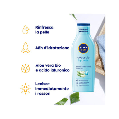 Nivea Sun Latte Doposole Hydrate Dopo Sole Idratante Con Aloe Vera Bio E Acido Ialuronico 200ml
