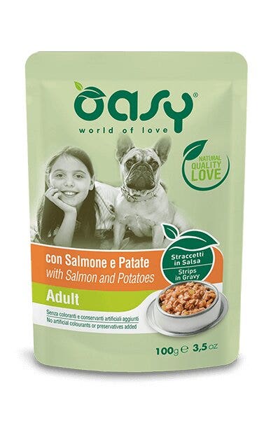 Oasy Straccetti In Salsa Con Salmone E Patate Per Cani Adulti Bustina 100g
