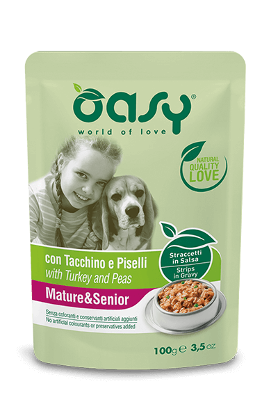 Oasy Straccetti In Salsa Con Tacchino E Piselli Per Cani Adulti/Anziani Bustina 100g