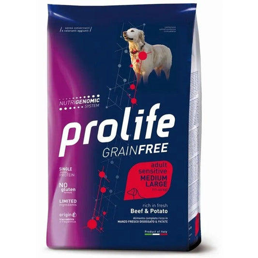 Prolife Dog Grain Free Sensitive Beef & Potato Cibo Secco Per Cani Adulti Taglia Media/Grande Sacco 10 Kg