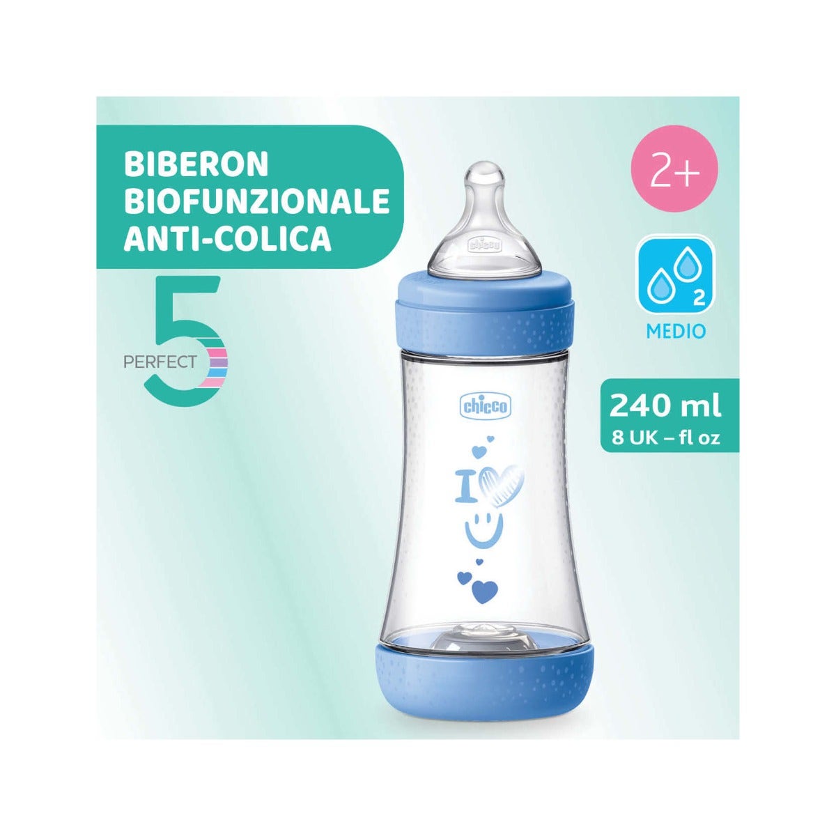 Chicco Biberon Neonato Perfect 5 Biberon Azzurro Flusso Medio 240 ml 2Mesi+