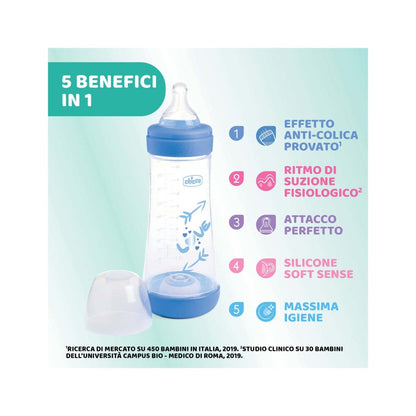 Chicco Biberon Neonato Perfect 5 Biberon Azzurro Flusso Veloce 300 ml 4Mesi+