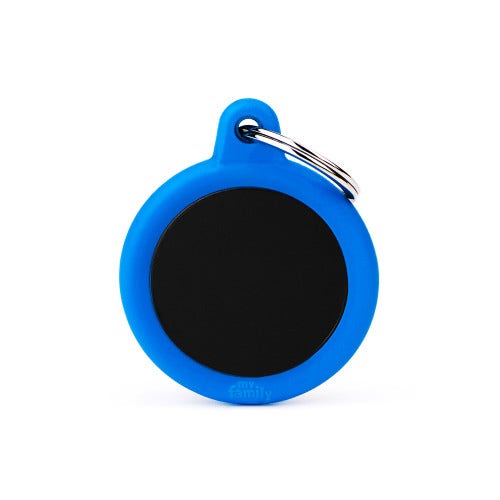 Medaglietta Per Cani E Gatti Personalizzata Cerchio In Alluminio Nero Con Gomma Blu