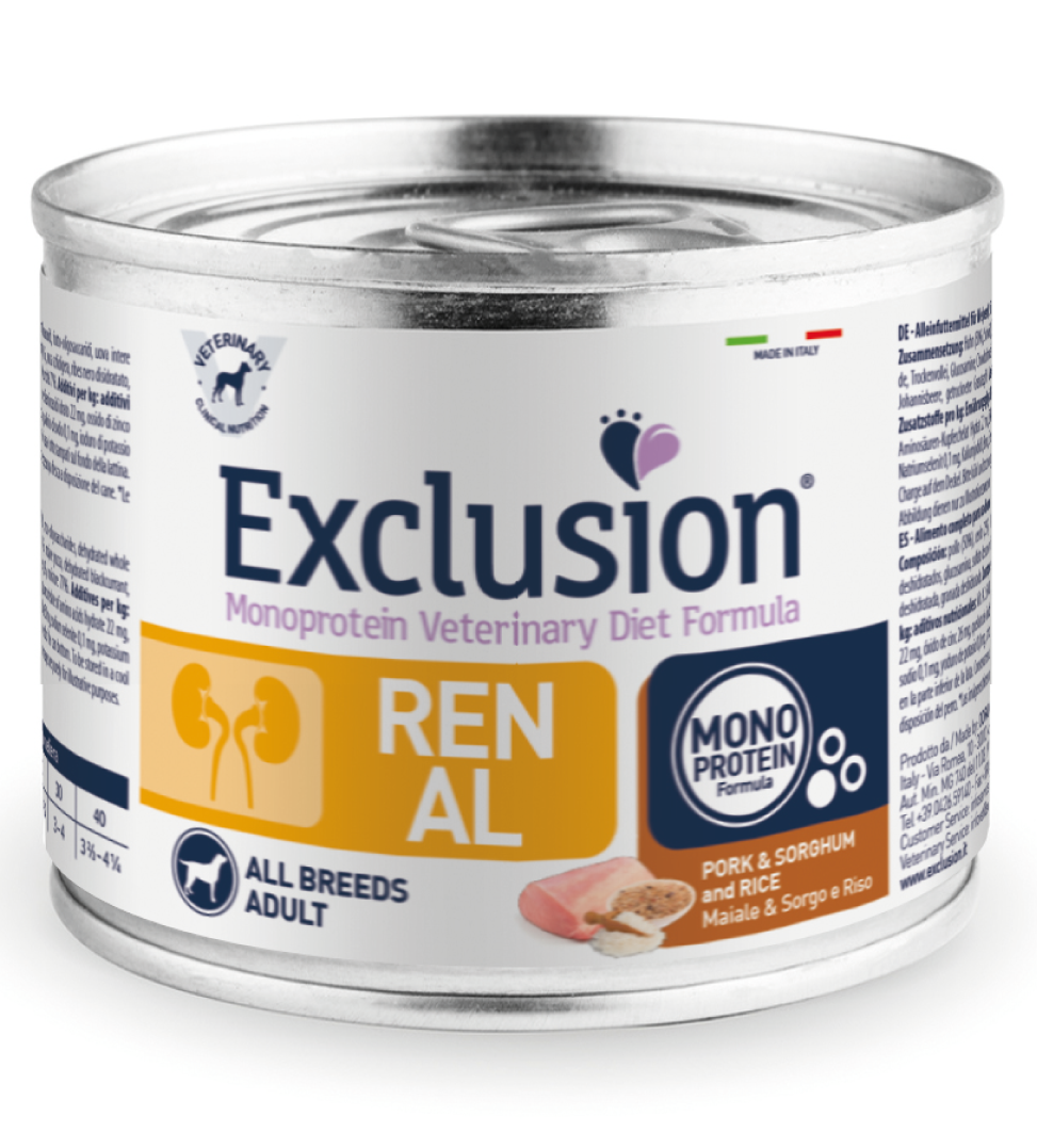 Exclusion Veterinary Diet Formula Renal Per Cani Maiale/Sorgo E Riso Lattina 200gr