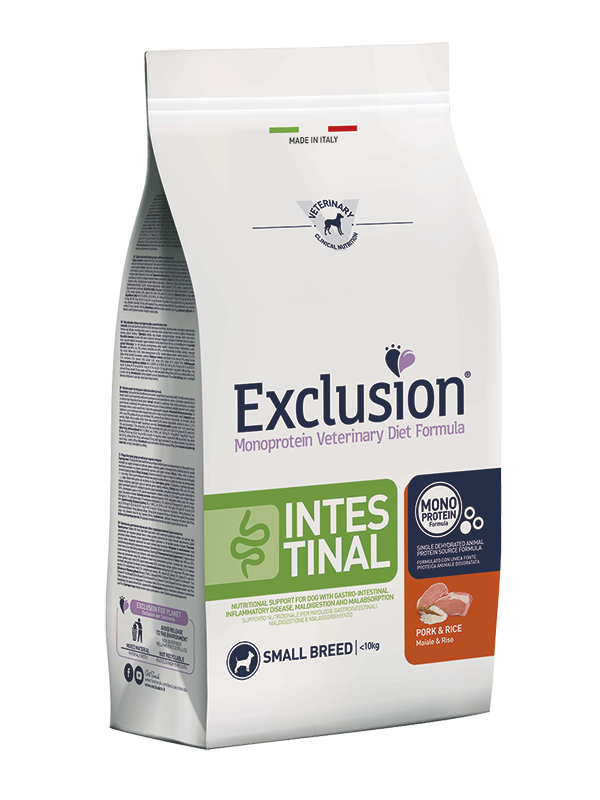 Exclusion Monoprotein Veterinary Diet Formula Intestinal Cibo Secco Maiale E Riso Per Cani Adulti Taglia Piccola Sacco 7kg