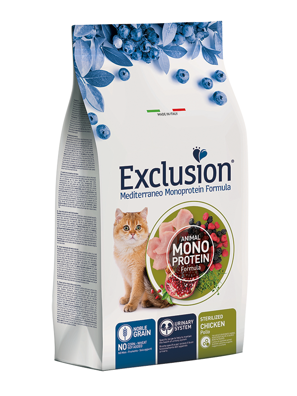 Exclusion Mediterraneo Monoprotein Noble Grain Cibo Secco Pollo Per Gatti Adulti Sterilizzati 12kg